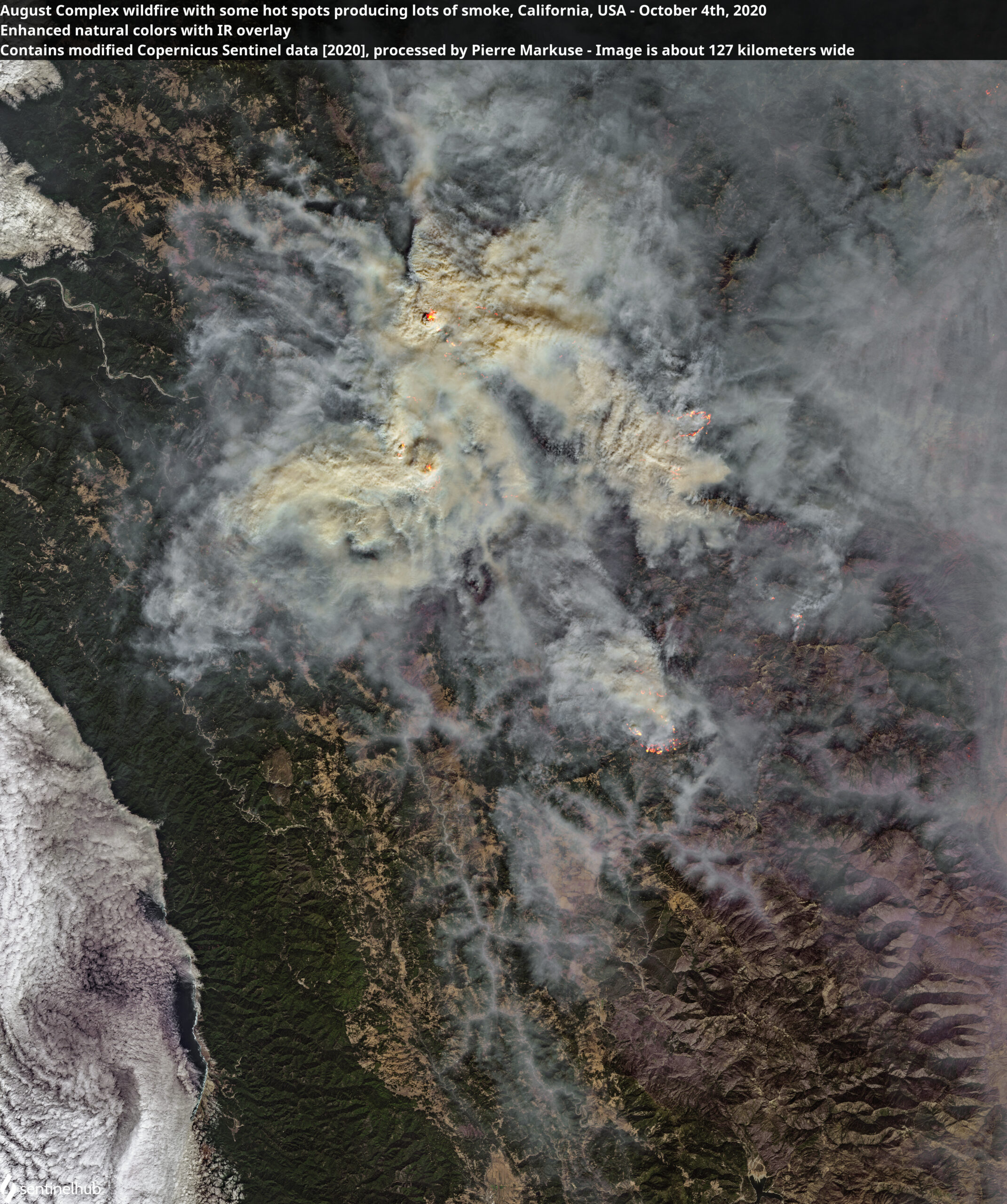 Illustrative file photo: satellite view of smoke from a California wildfire (Pierre Markuse / Wikimedia Commons, CC BY 2.0; contains modified Copernicus Sentinel data)