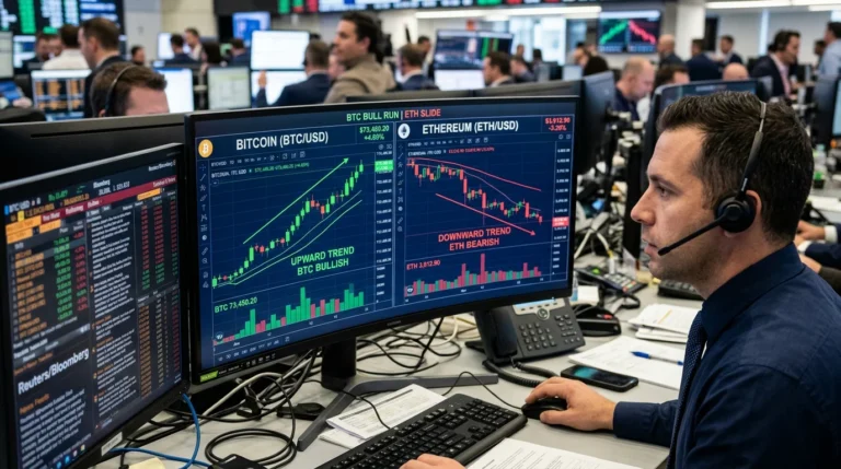 A crisp professional photo of a trading room terminal displaying green upward candles for BTC and red downward trajectories