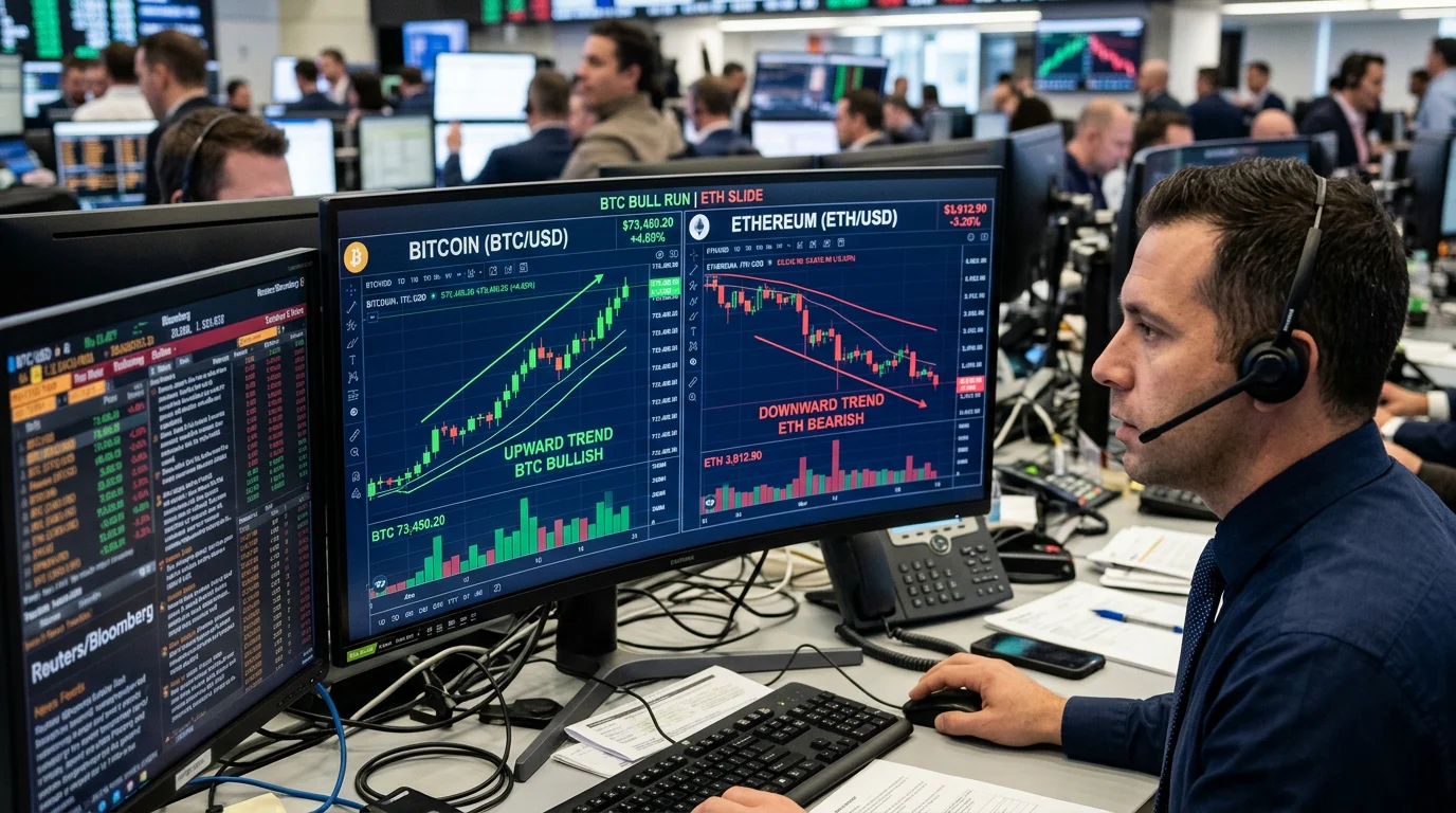 A crisp professional photo of a trading room terminal displaying green upward candles for BTC and red downward trajectories