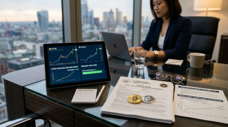 Executive desk with cryptocurrency startup fundraising analytics, tokens, and SEC regulatory filings.