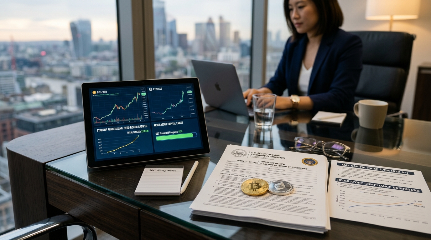 Executive desk with cryptocurrency startup fundraising analytics, tokens, and SEC regulatory filings.