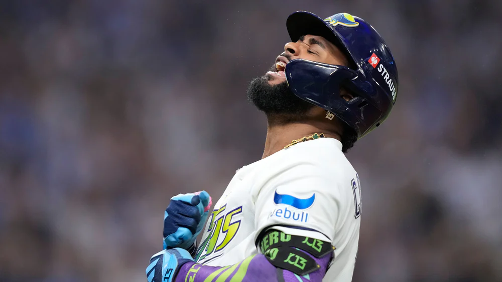 Milwaukee Brewers and Tampa Bay Rays players competing at Tropicana Field in St. Petersburg during the 2026 World Series