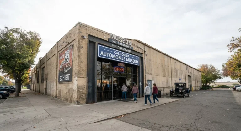 Existing museum warehouse entrance, identifiable museum signage, and surrounding exterior structures