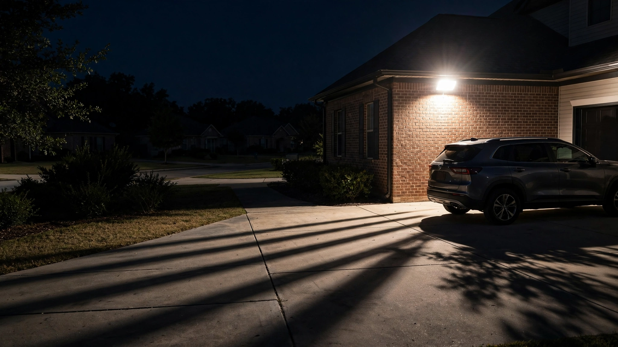 A driveway at night under a motion-sensor floodlight in a San Antonio neighbourhood: Castle Hills vehicle burglaries investigation