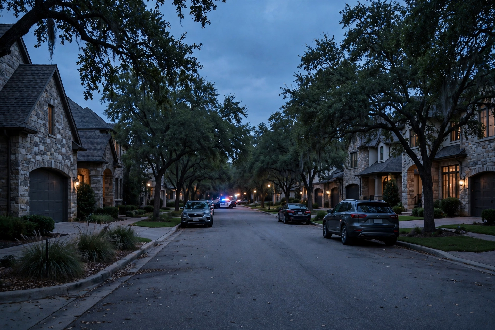 Quiet residential street in Castle Hills, San Antonio at dusk with a police car in the distance: Castle Hills Vehicle Burglaries: San Antonio Man Arrested in Alleged Theft Ring