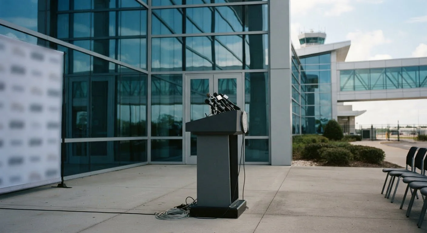 Professional press conference podium and modern corporate headquarters glass facade,