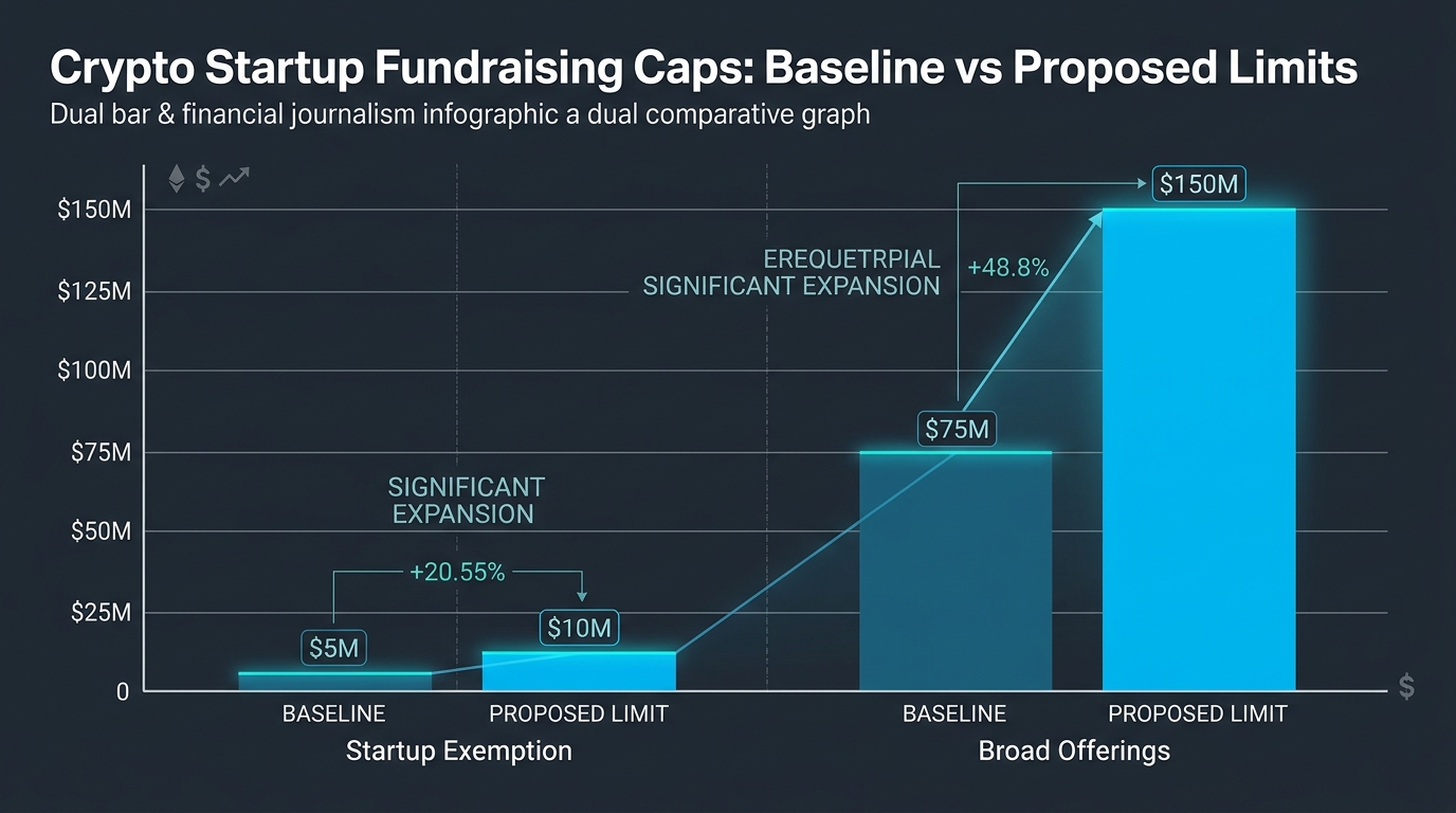 Financial comparison chart showing SEC baseline versus Blockchain Association proposed fundraising limits.