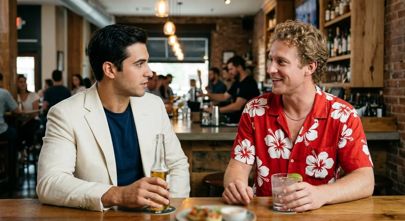 Two men talking over drinks at a bar with one wearing a cream blazer and the other wearing a red floral shirt.