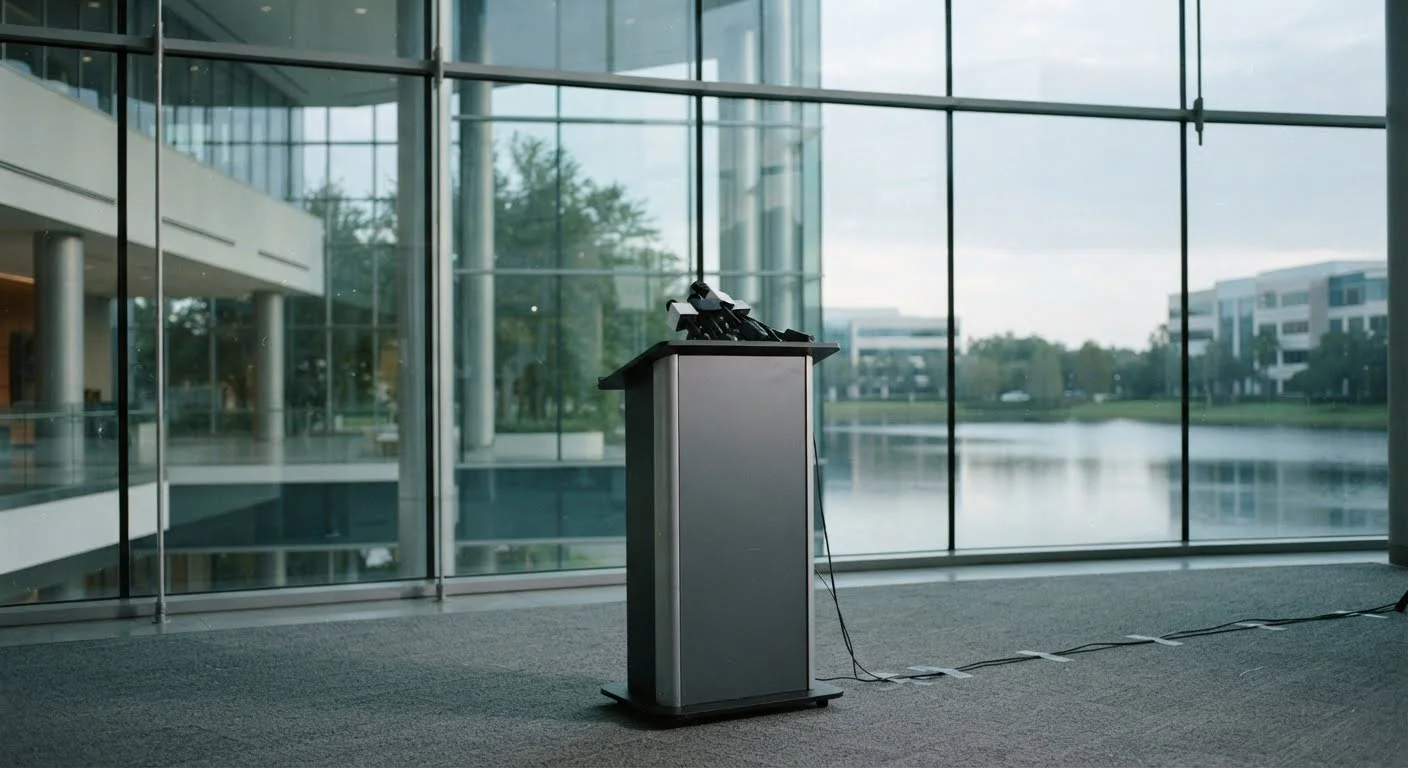 Professional press conference podium and modern corporate headquarters glass facade,