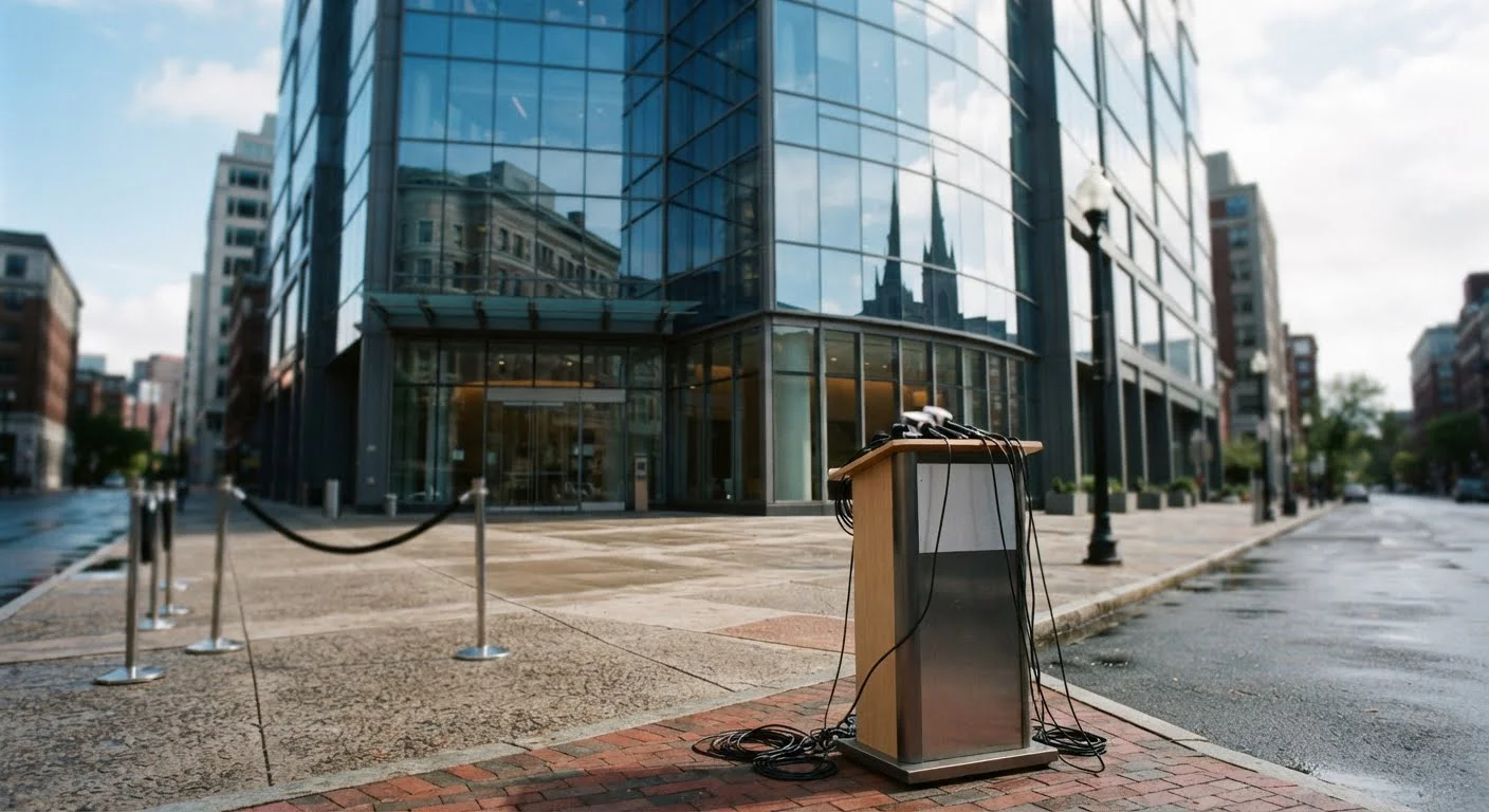 Professional press conference podium and modern corporate headquarters glass facade,