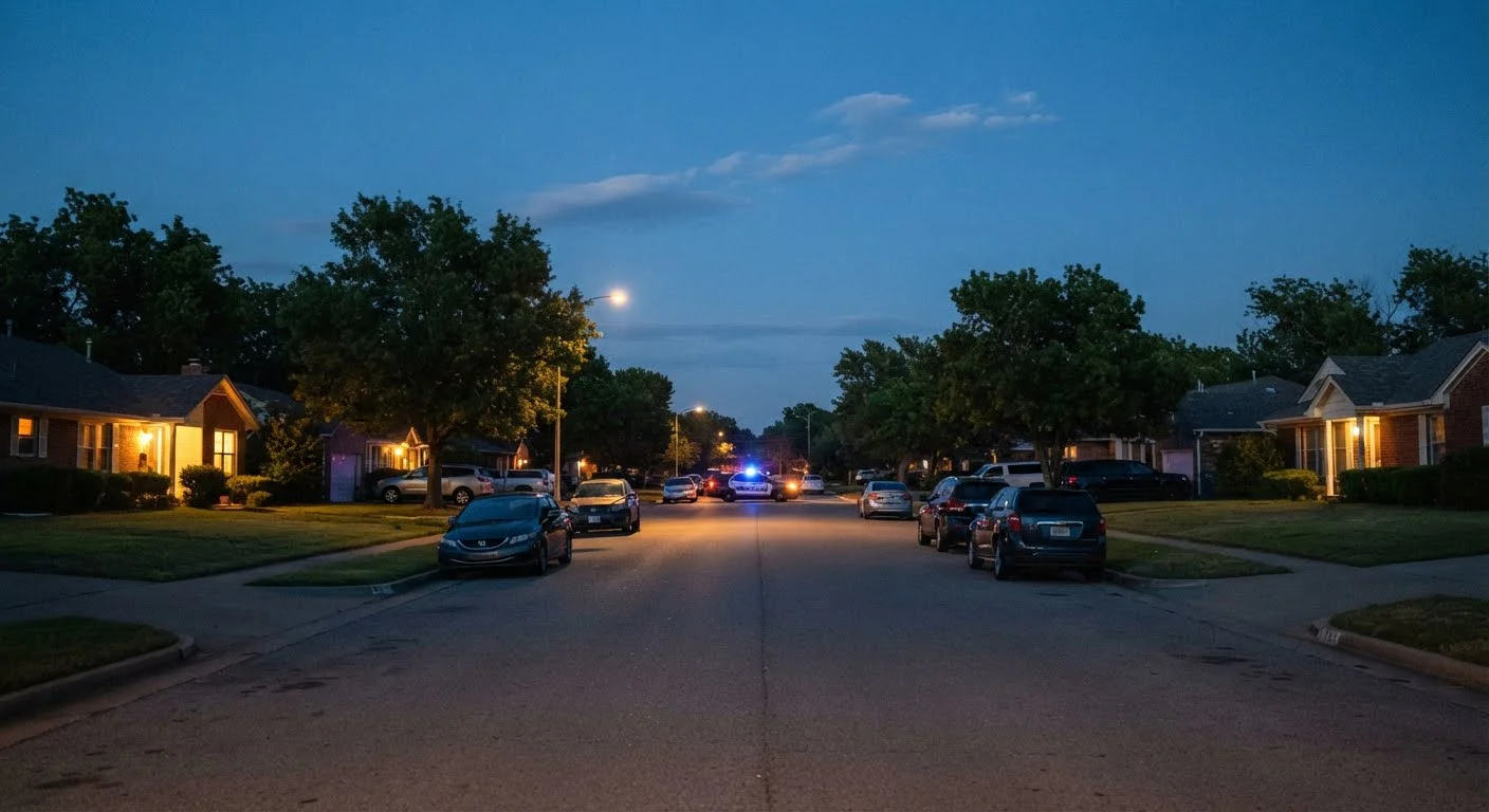 A quiet residential neighbourhood street at dusk with parked cars, houses and a police