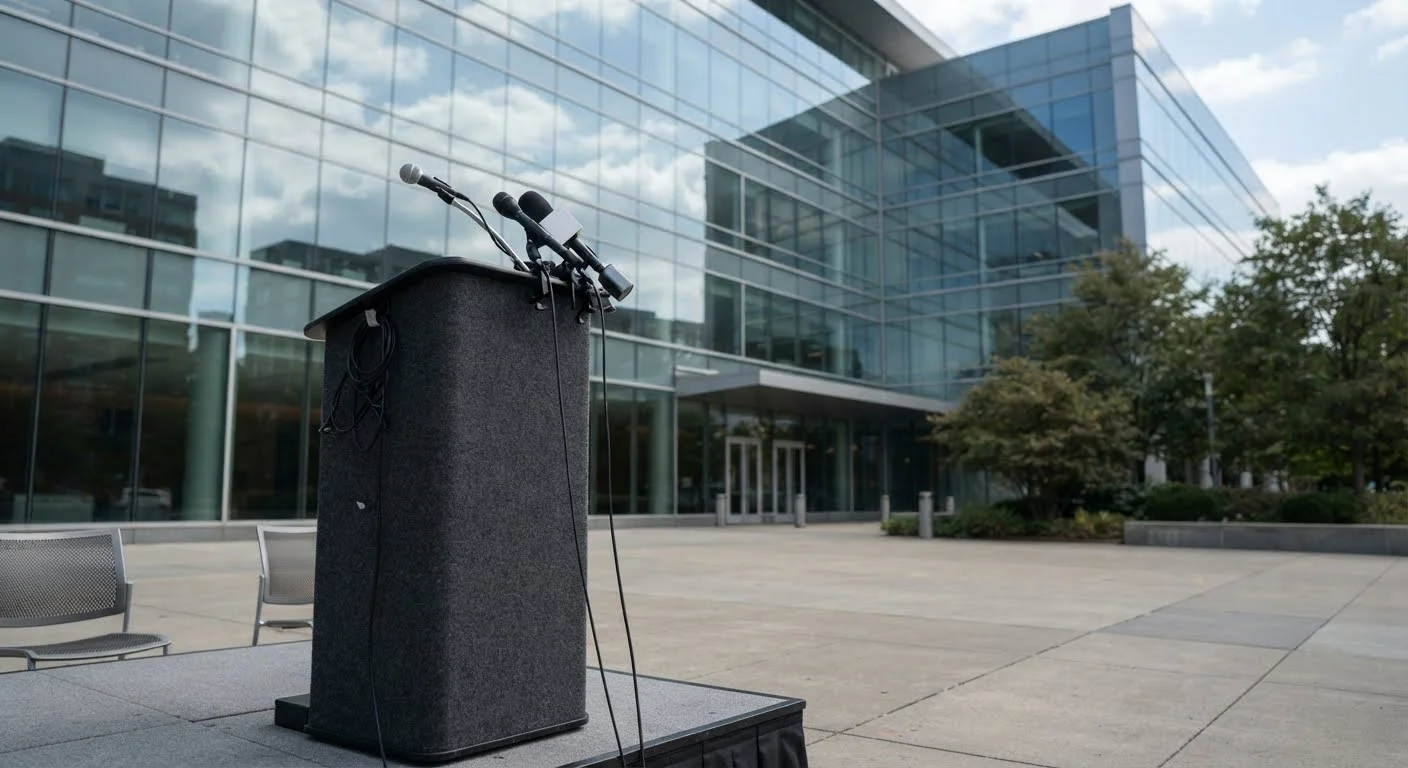 Professional press conference podium and modern corporate headquarters glass facade,