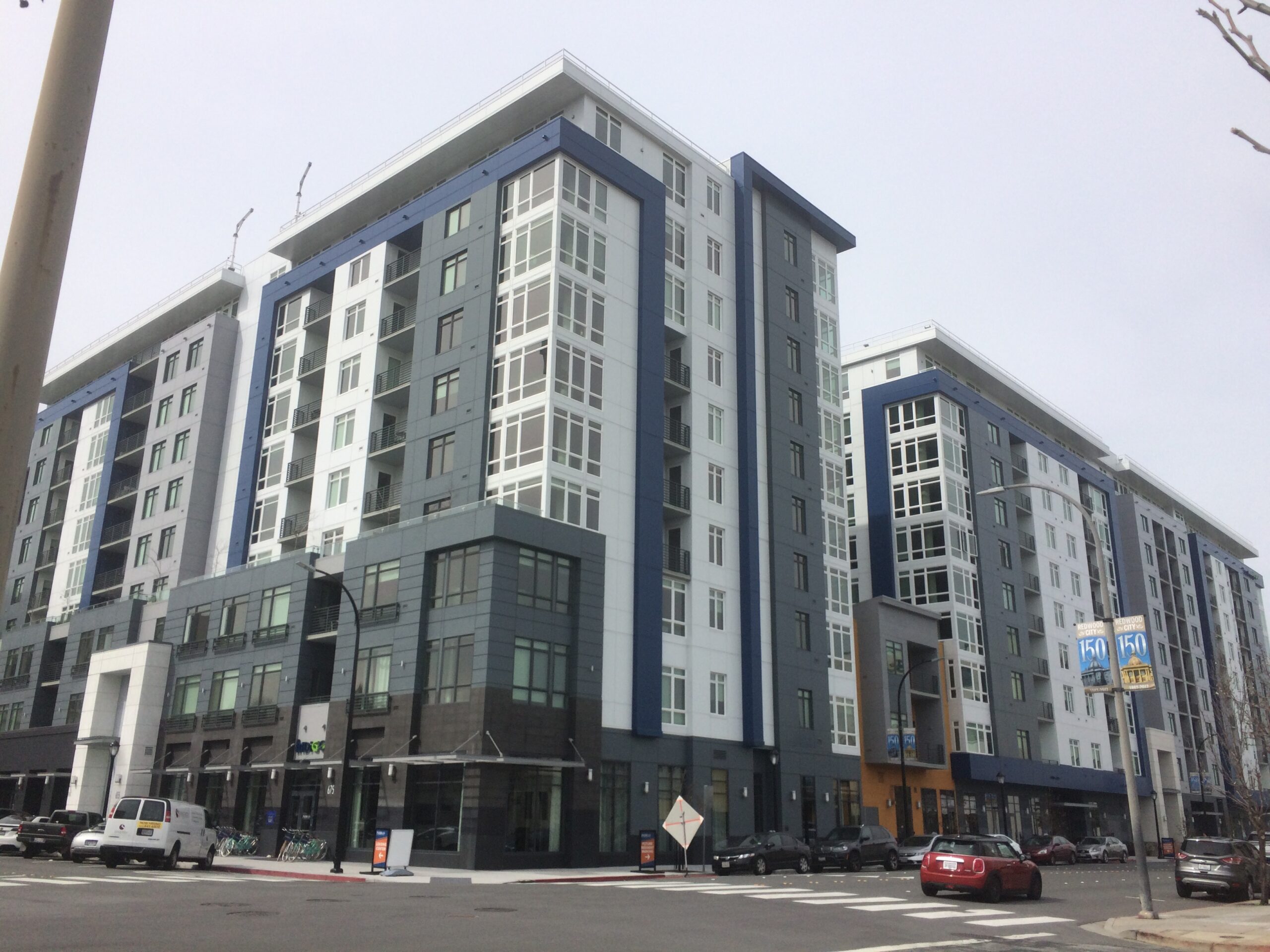 Modern mid-rise apartment buildings in downtown Redwood City