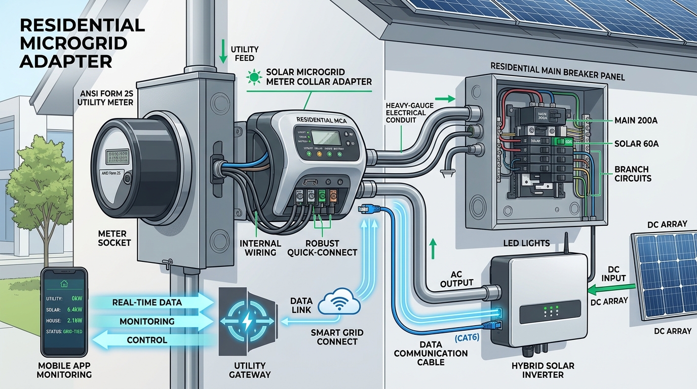 Technical visual illustration of the SolarEdge Nexis IslandDER residential microgrid meter collar adapter connected to main panel and inverter.