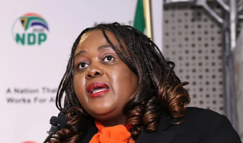 South African Justice Minister Mmamoloko Kubayi addressing a government media briefing on immigration and border modernisation