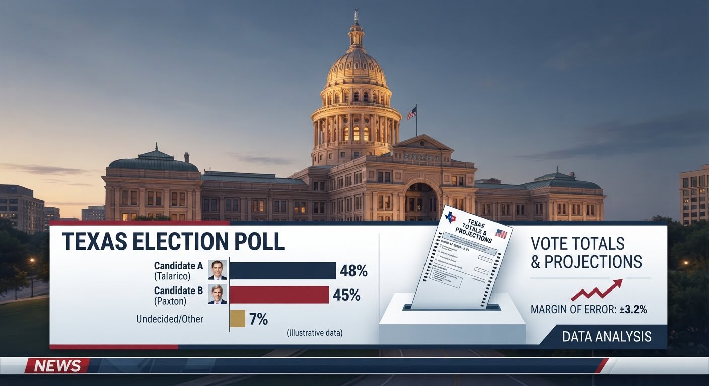 Editorial illustration: James Talarico Leads Ken Paxton 48% to 46% in New Texas Senate Poll