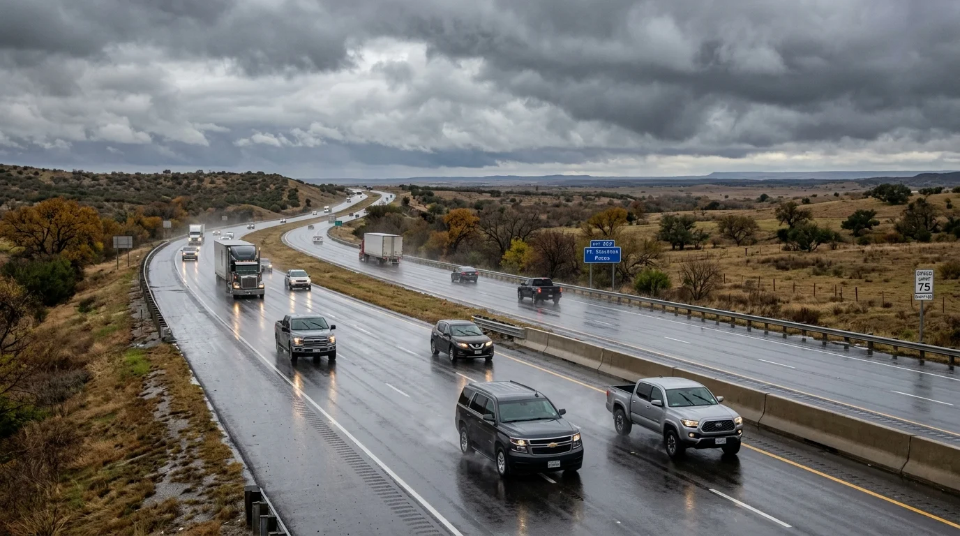 Texas Winter Weather Outlook 2026 Super El Nino Impact Super El Nino Texas Winter 2026 A rain-slicked highway under dense gray storm clouds in rural Texas during late autumn