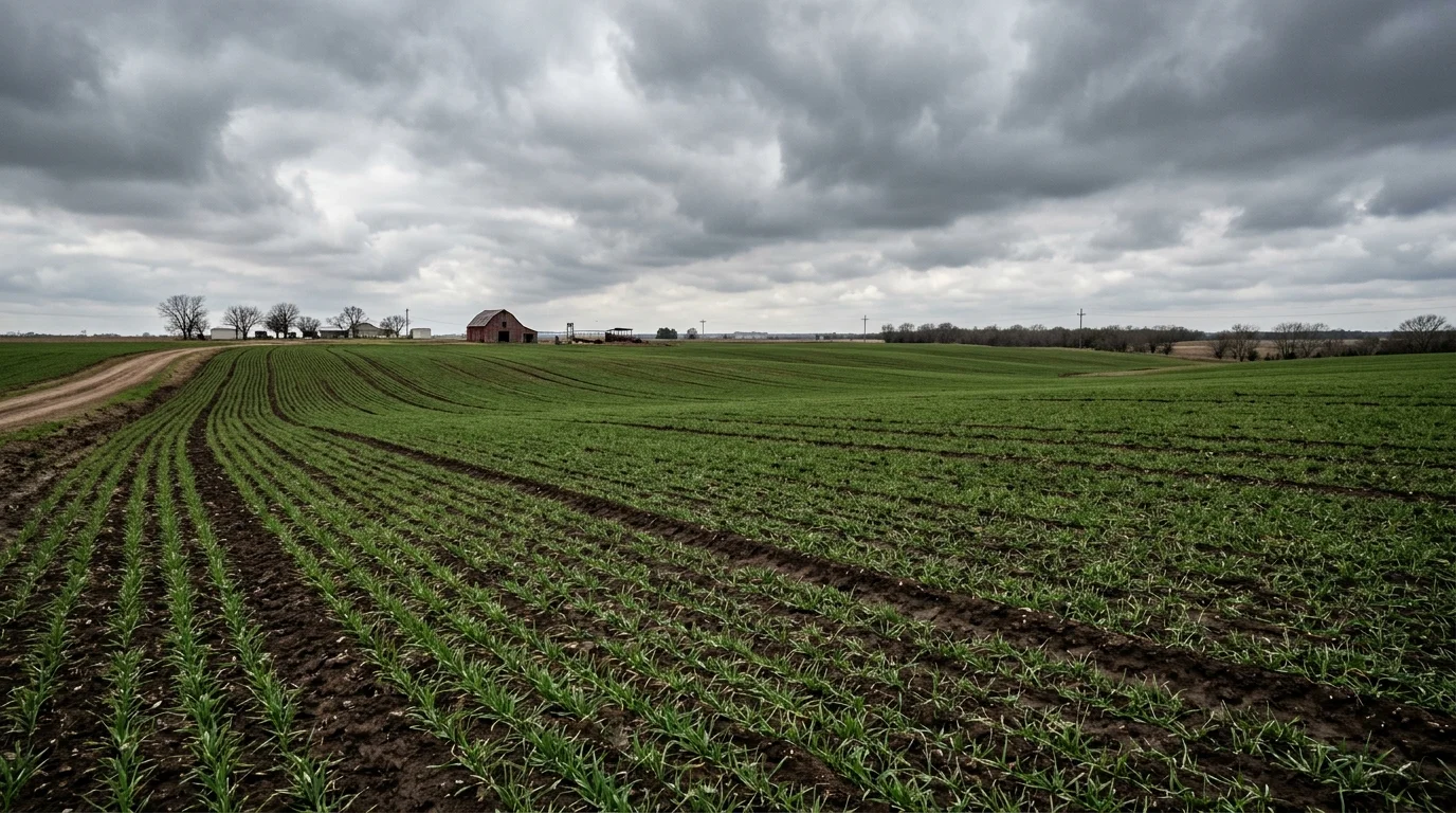A winter wheat field in North Texas beneath overcast skies, illustrating agricultural exposure to seasonal rainfall