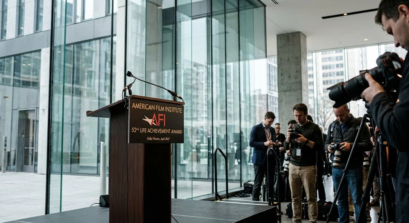 Professional press conference podium and modern corporate headquarters glass facade, realistic newsroom photojournalism for Tom Cruise to receive Life Achievement Award from AFI context overview