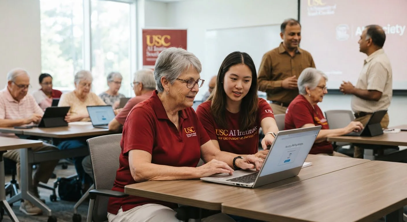 Technical editorial illustration showing USC workshop to help older adults navigate AI safely